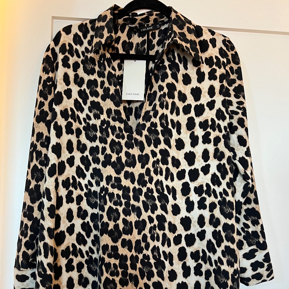 Zara Leopard Long Sleeve Shirt Dress Size XL